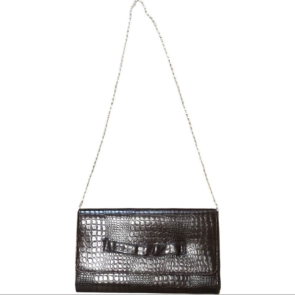 FAUX Croc Embossed Convertible Clutch Bag Brown Chain Strap Crossbody Evening